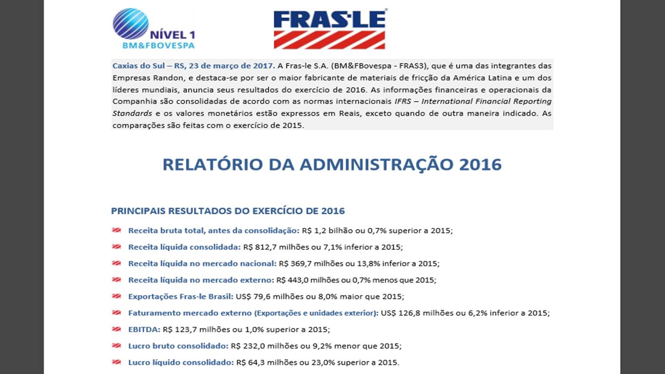 Fras-le divulga desempenho de 2016.