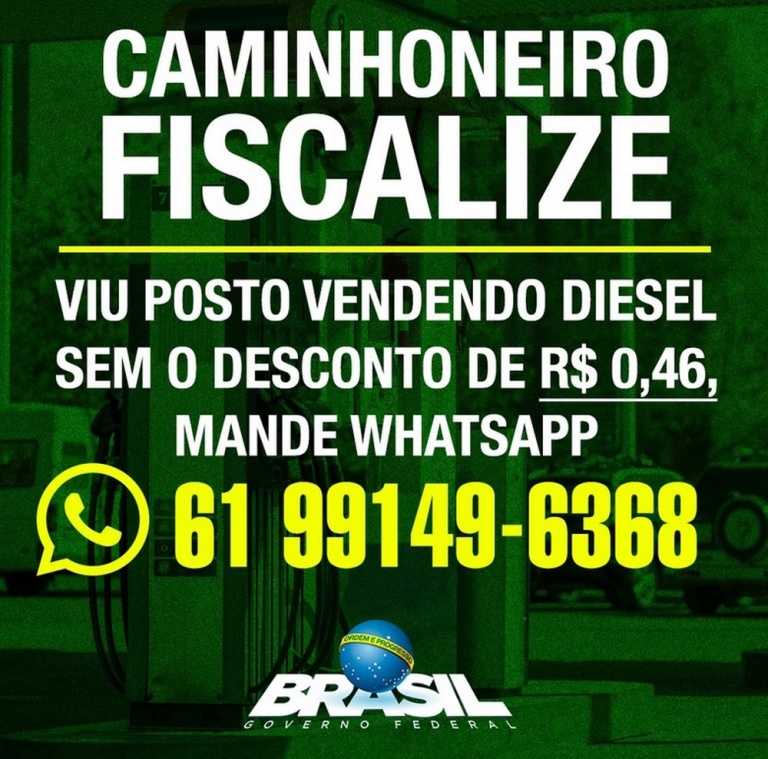 Planalto divulga telefone para consumidor denunciar posto que não repassar desconto no diesel.